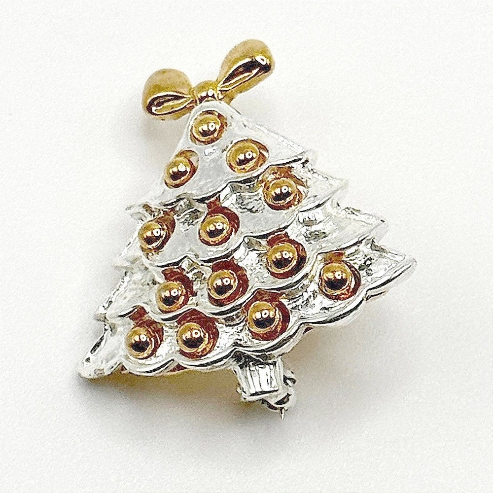 Danecraft Vintage Christmas Tree Brooch Signed Two Tone Silver Gold Tone Bow Pin
